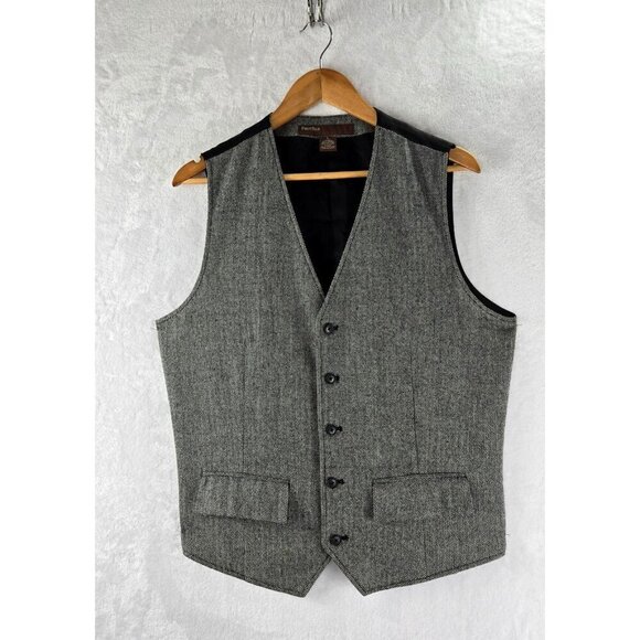 Perry Ellis Mens Vest Gray Herringbone Tweed Sz L Waistcoat Wool Cotton Blend - Picture 1 of 15